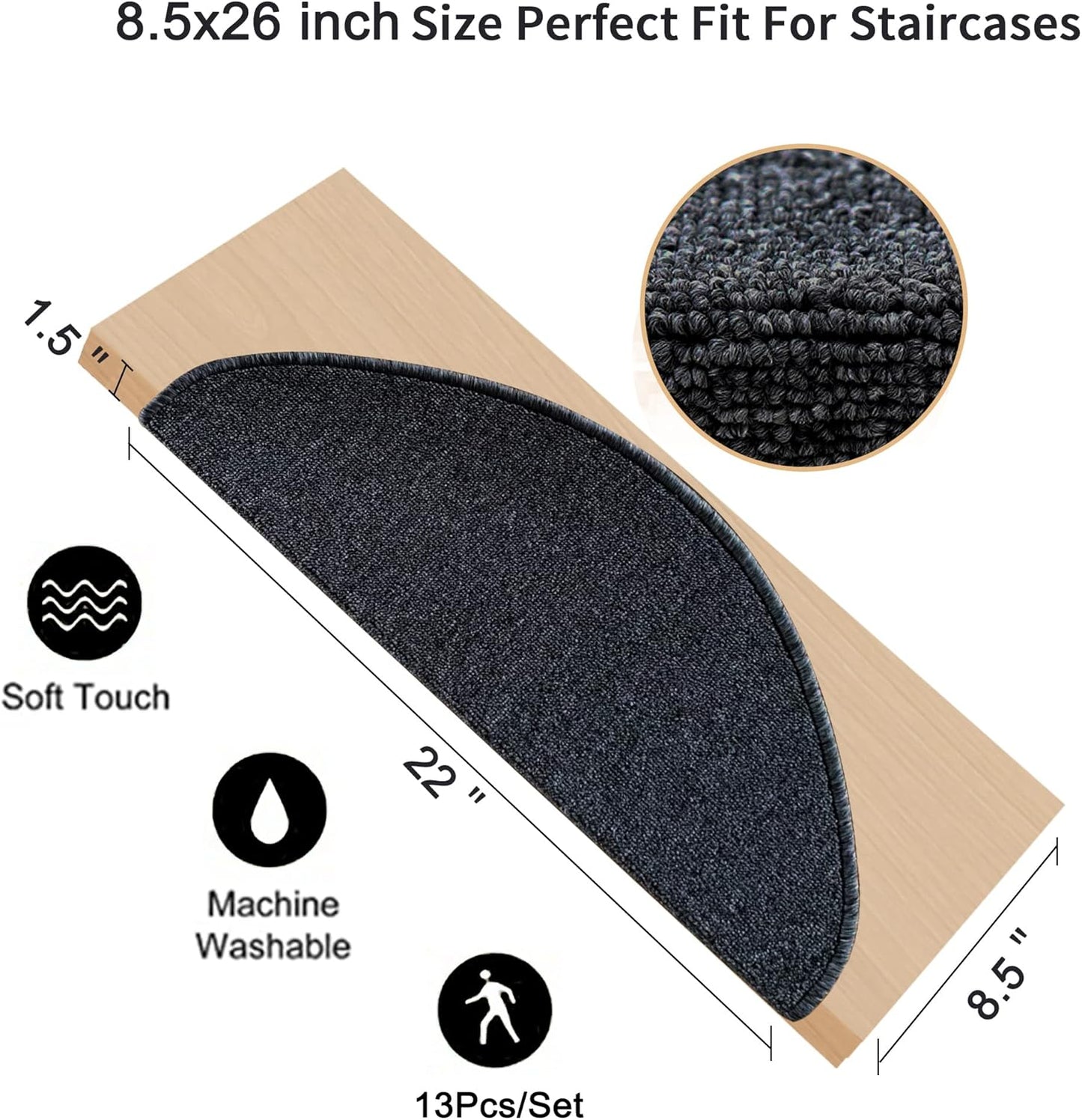 8.7’’x26’’ 13 Packs Stair Treads Carpet Non-Slip Mats Stair Rug (Black Grey)