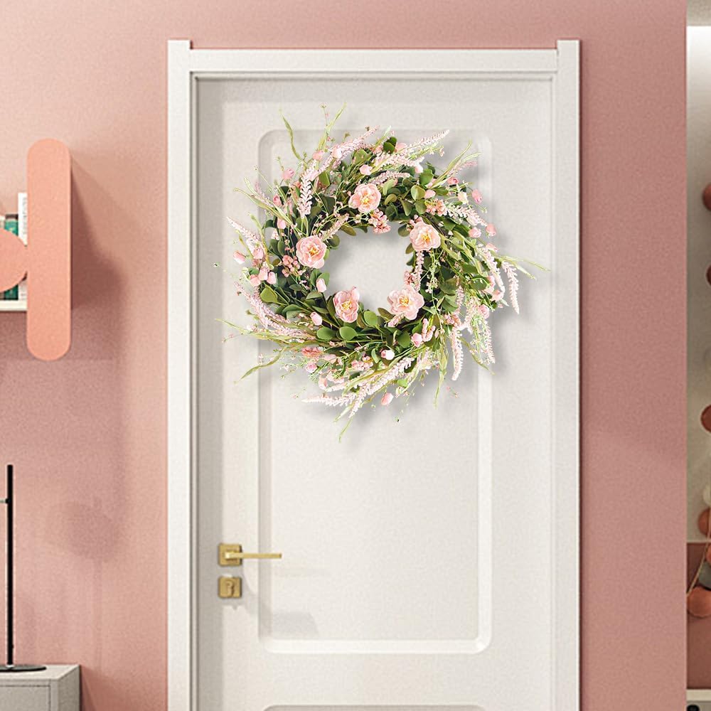 Spring Wreaths for Front Door, 24 Inch Floral Wreath for Decorating(Pink Rose)