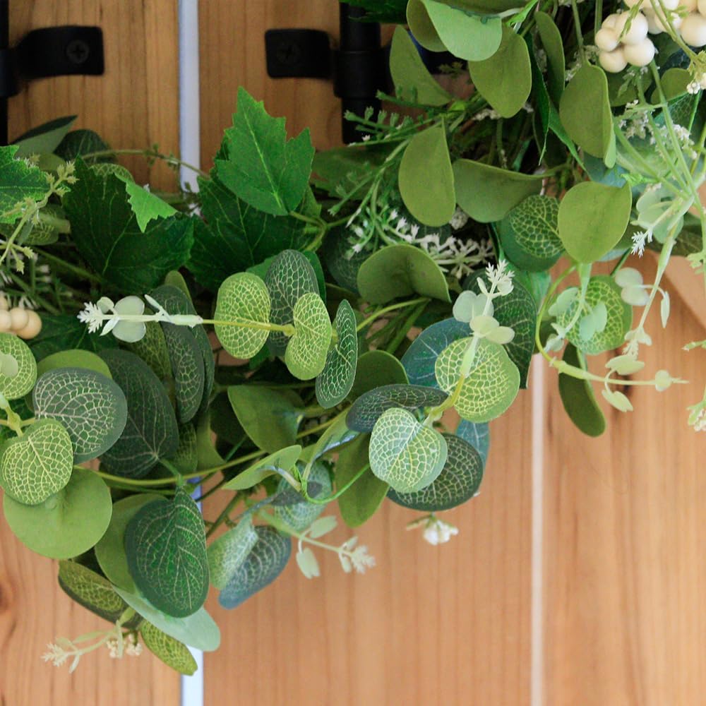 Qingbei Rina Eucalyptus Wreath for Front Door Outside, 24 Inch Spring Wreath with White Berry, Green Wreaths for Decorating, Weatherproof Outdoor Wreaths for St. Patrick's Day, Windows, Farmhouse