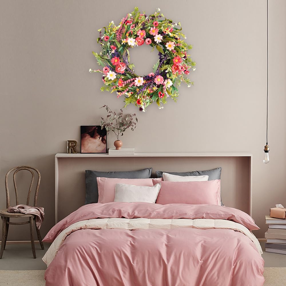 Qingbei Rina Spring Wreaths for Front Door, 24 Inch Floral Wreath for Decorating with Daisy and Lavender, Weatherproof Outdoor Wreaths for St Patrick's Day , Home Windows Wall Farmhouse Wedding Decor