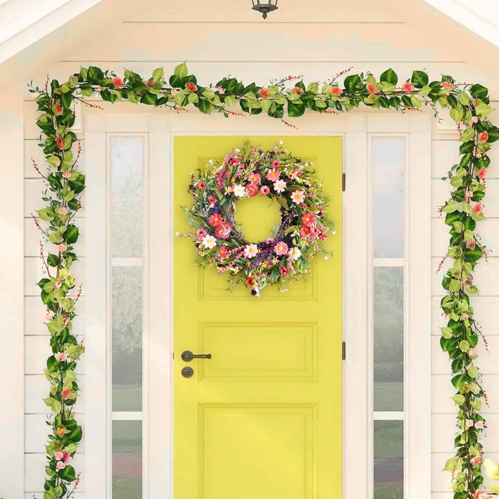 Qingbei Rina Spring Wreaths for Front Door, 24 Inch Floral Wreath for Decorating with Daisy and Lavender, Weatherproof Outdoor Wreaths for St Patrick's Day , Home Windows Wall Farmhouse Wedding Decor