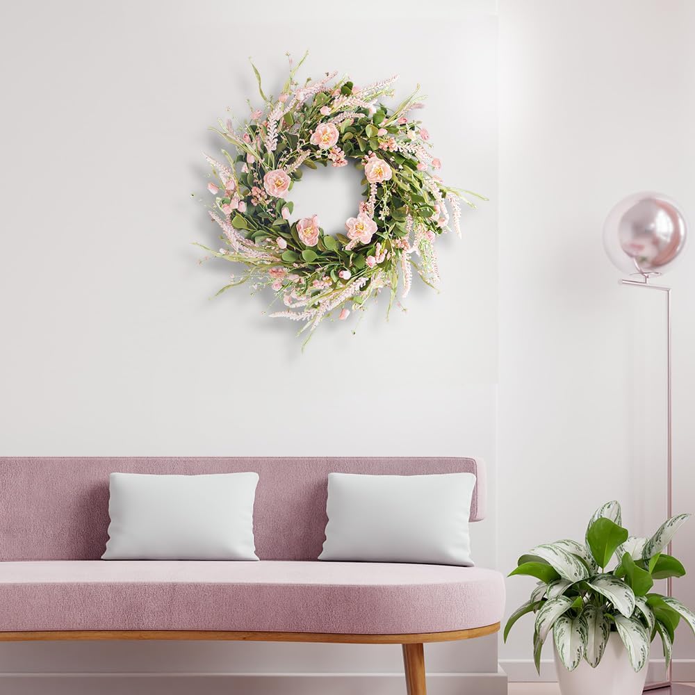 Spring Wreaths for Front Door, 24 Inch Floral Wreath for Decorating(Pink Rose)
