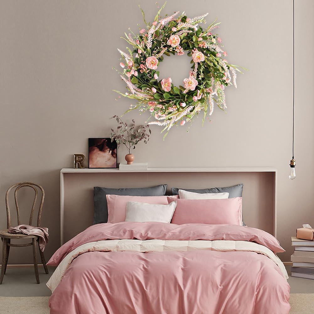 Spring Wreaths for Front Door, 24 Inch Floral Wreath for Decorating(Pink Rose)