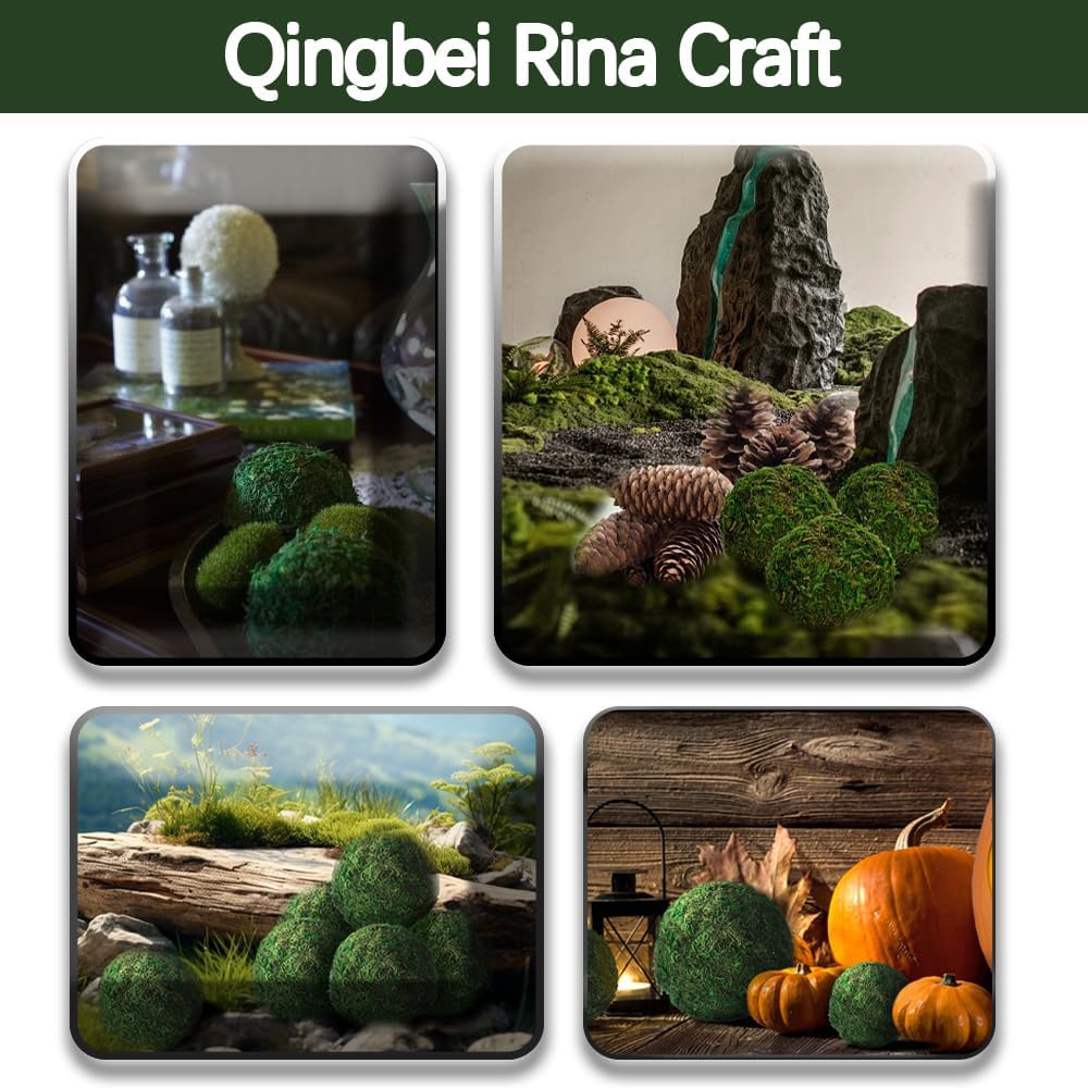 Qingbei Rina Moss Balls Decorative Bowl Fillers for Centerpiece,4 Inch Set of 6,Large Moss Balls Green Decorative Balls,Preserved Marimo Moss Ball,Spring Summer Home Party Wedding Decor