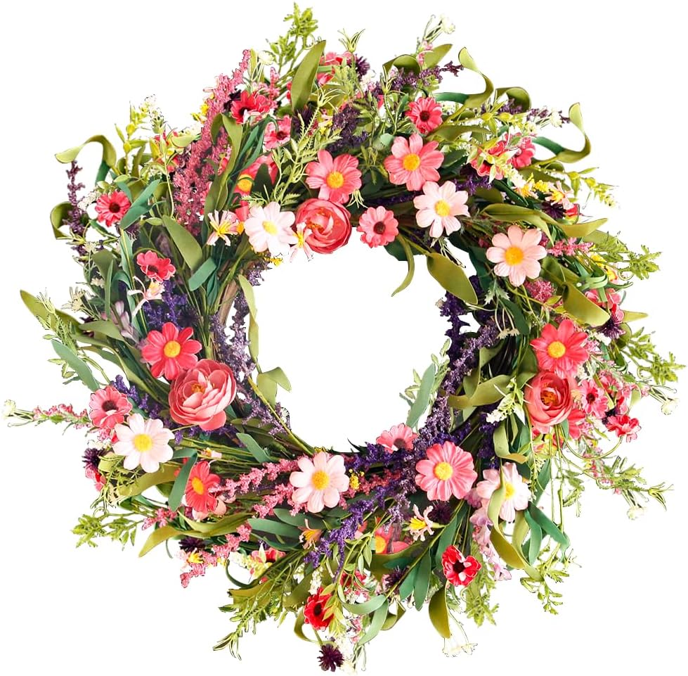 Qingbei Rina Spring Wreaths for Front Door, 24 Inch Floral Wreath for Decorating with Daisy and Lavender, Weatherproof Outdoor Wreaths for St Patrick's Day , Home Windows Wall Farmhouse Wedding Decor
