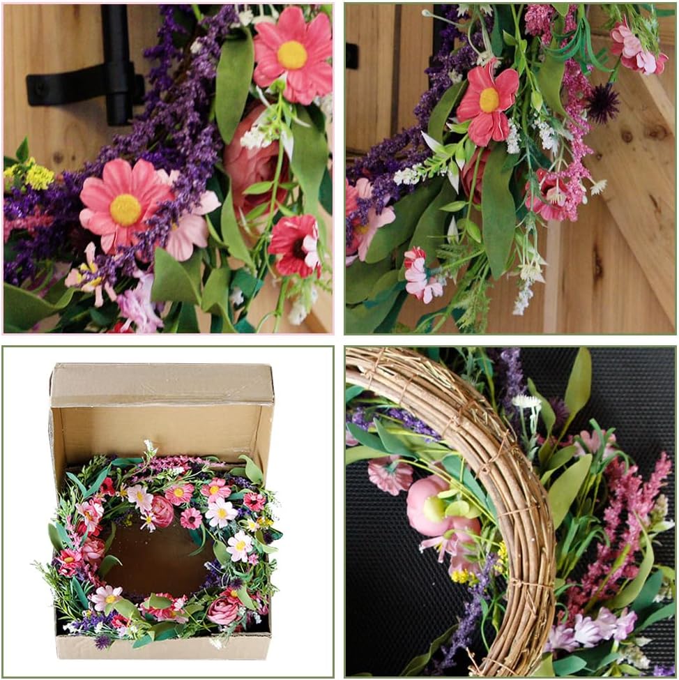 Qingbei Rina Spring Wreaths for Front Door, 24 Inch Floral Wreath for Decorating with Daisy and Lavender, Weatherproof Outdoor Wreaths for St Patrick's Day , Home Windows Wall Farmhouse Wedding Decor