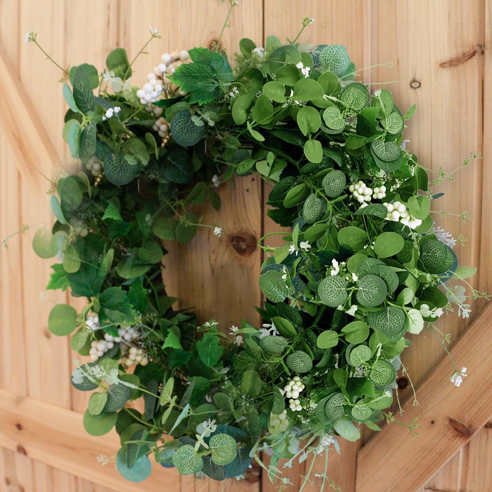 Qingbei Rina Eucalyptus Wreath for Front Door Outside, 24 Inch Spring Wreath with White Berry, Green Wreaths for Decorating, Weatherproof Outdoor Wreaths for St. Patrick's Day, Windows, Farmhouse
