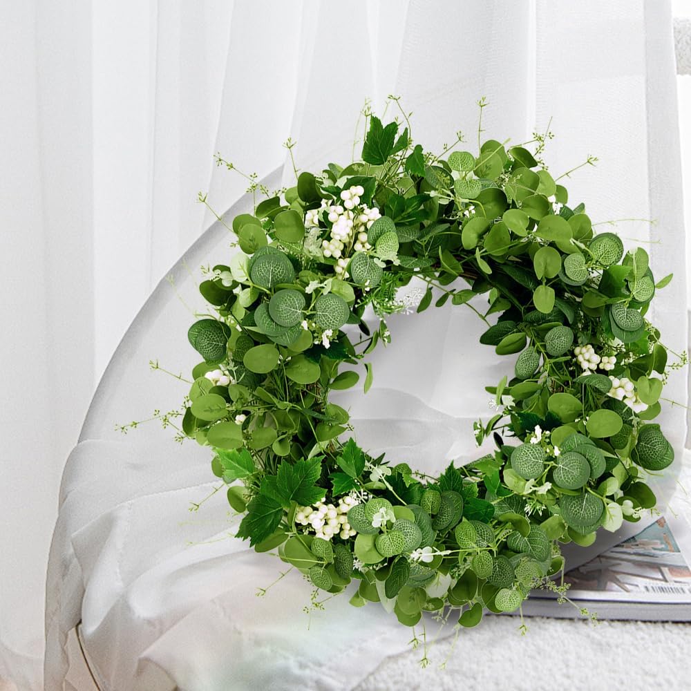 Qingbei Rina Eucalyptus Wreath for Front Door Outside, 24 Inch Spring Wreath with White Berry, Green Wreaths for Decorating, Weatherproof Outdoor Wreaths for St. Patrick's Day, Windows, Farmhouse