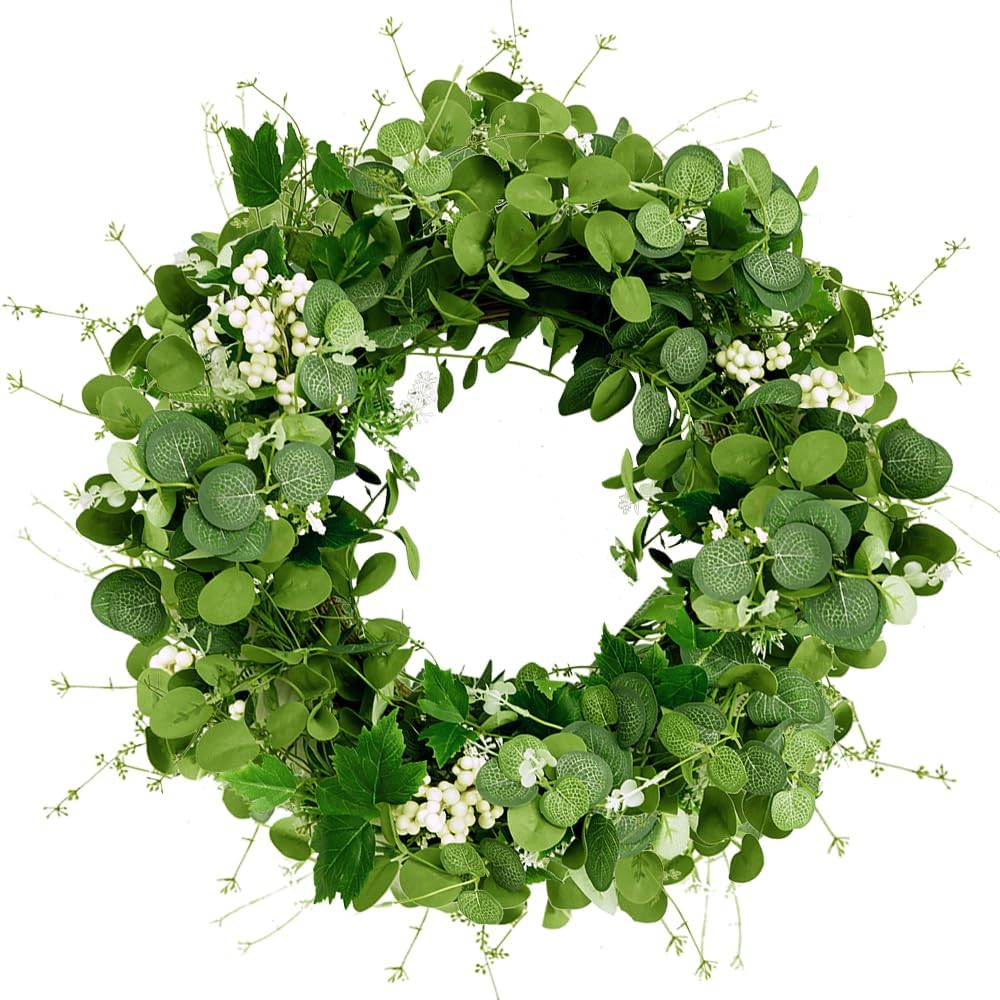 Qingbei Rina Eucalyptus Wreath for Front Door Outside, 24 Inch Spring Wreath with White Berry, Green Wreaths for Decorating, Weatherproof Outdoor Wreaths for St. Patrick's Day, Windows, Farmhouse