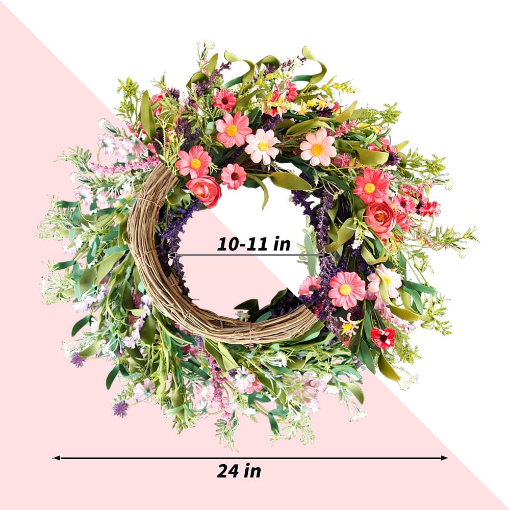 Qingbei Rina Spring Wreaths for Front Door, 24 Inch Floral Wreath for Decorating with Daisy and Lavender, Weatherproof Outdoor Wreaths for St Patrick's Day , Home Windows Wall Farmhouse Wedding Decor