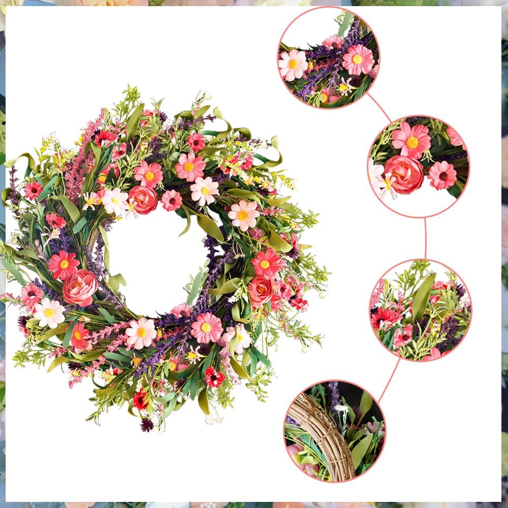 Qingbei Rina Spring Wreaths for Front Door, 24 Inch Floral Wreath for Decorating with Daisy and Lavender, Weatherproof Outdoor Wreaths for St Patrick's Day , Home Windows Wall Farmhouse Wedding Decor