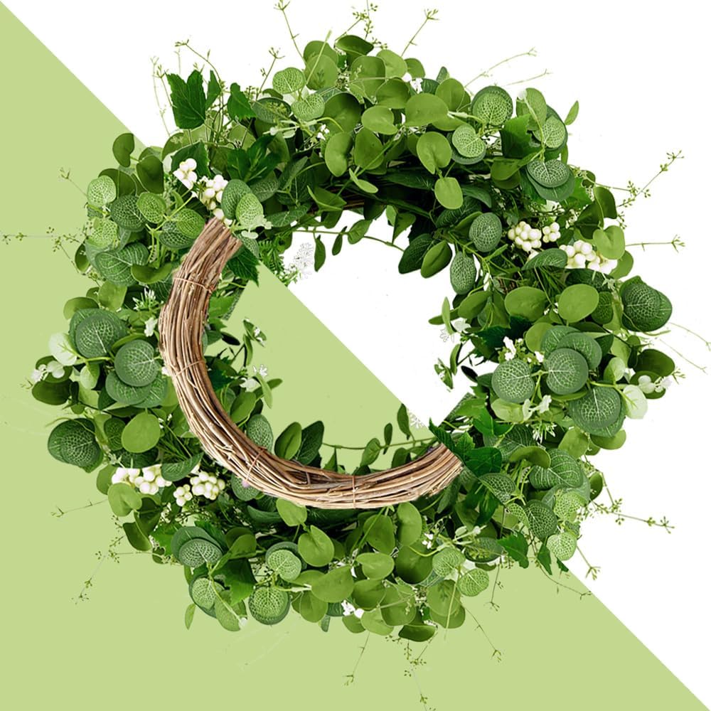 Qingbei Rina Eucalyptus Wreath for Front Door Outside, 24 Inch Spring Wreath with White Berry, Green Wreaths for Decorating, Weatherproof Outdoor Wreaths for St. Patrick's Day, Windows, Farmhouse