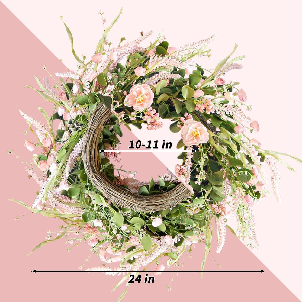 Spring Wreaths for Front Door, 24 Inch Floral Wreath for Decorating(Pink Rose)