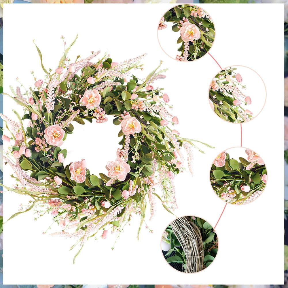 Spring Wreaths for Front Door, 24 Inch Floral Wreath for Decorating(Pink Rose)