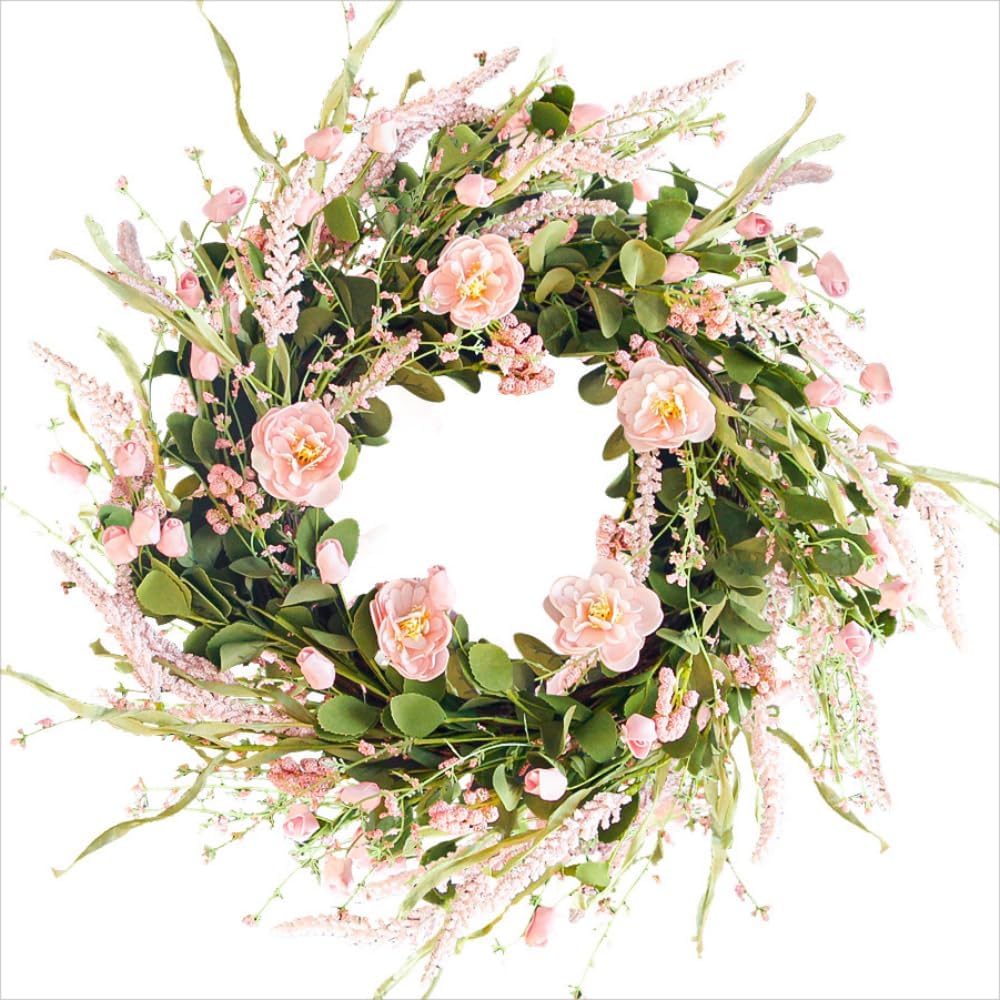 Spring Wreaths for Front Door, 24 Inch Floral Wreath for Decorating(Pink Rose)