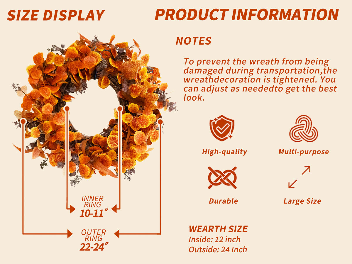 Fall Outdoor Wreaths for Front Door 22 Inch, Autumn Wreath with Orange Berries,Fall Leaf Wreath