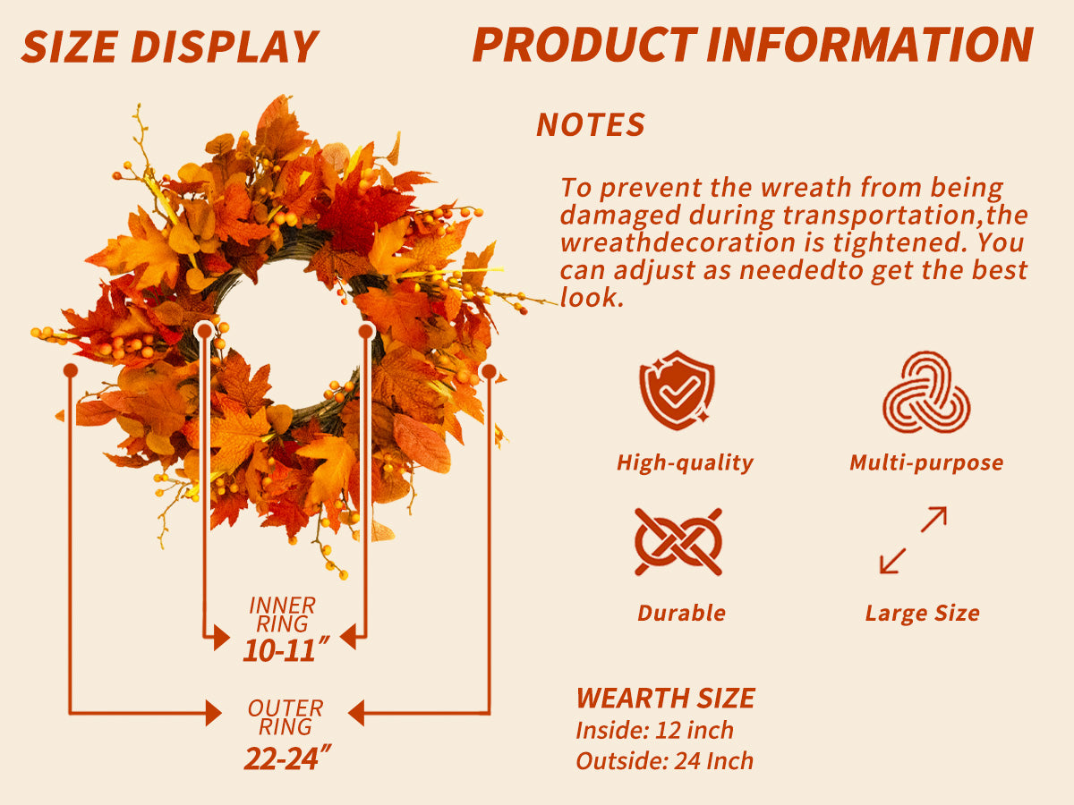 Fall Outdoor Wreaths for Front Door 22 Inch, Autumn Wreath with Orange Berries,Fall Leaf Wreath