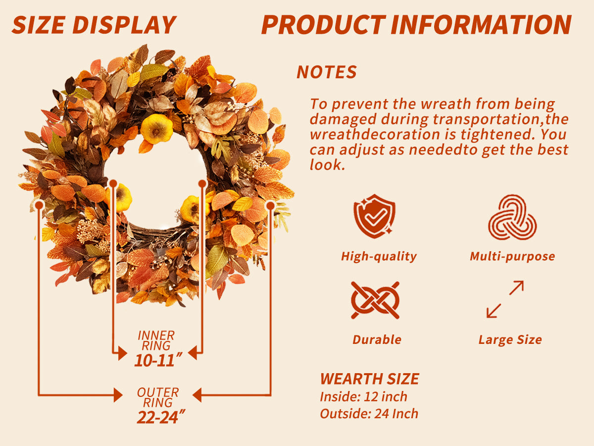 Fall Outdoor Wreaths for Front Door 22 Inch, Autumn Wreath with Orange Berries,Fall Leaf Wreath