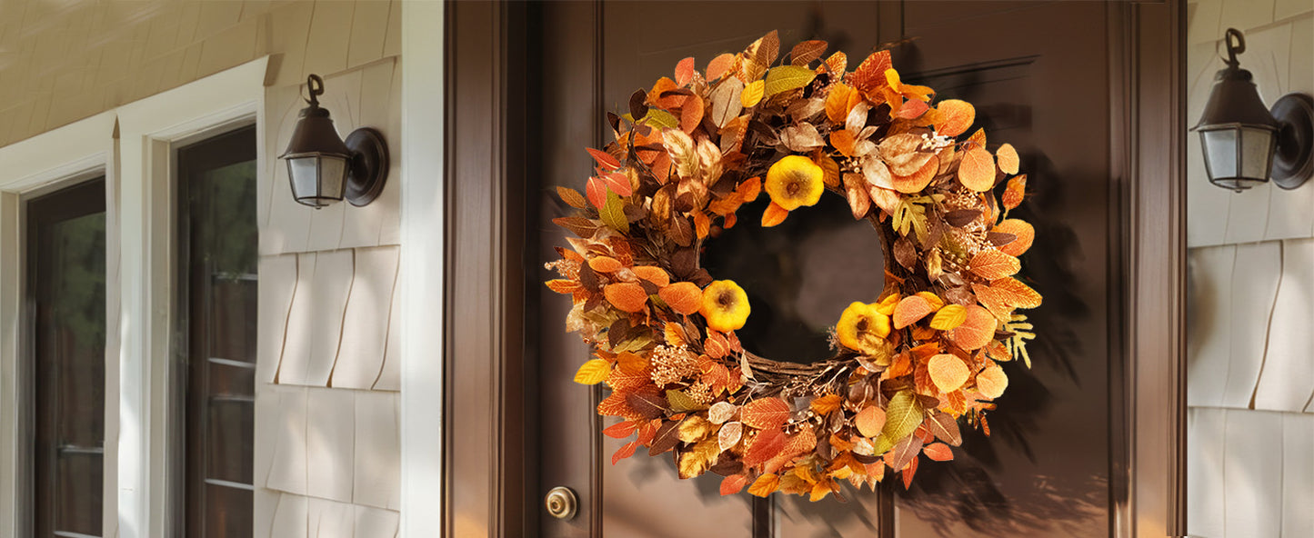 Fall Outdoor Wreaths for Front Door 22 Inch, Autumn Wreath with Orange Berries,Fall Leaf Wreath