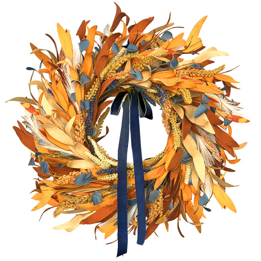 Fall Wreaths for Front Door Outside, 24 Inch Fall Outdoor Wreath with Blue Bow Wheat Ears