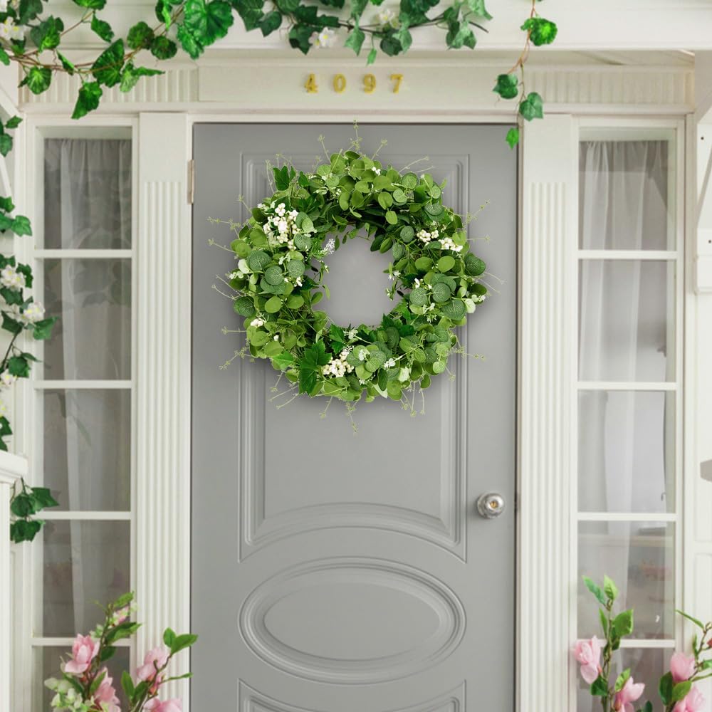 Qingbei Rina Eucalyptus Wreath for Front Door Outside, 24 Inch Spring Wreath with White Berry, Green Wreaths for Decorating, Weatherproof Outdoor Wreaths for St. Patrick's Day, Windows, Farmhouse