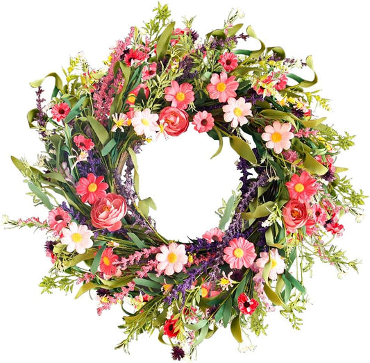 Qingbei Rina Spring Wreaths for Front Door, 24 Inch Floral Wreath for Decorating with Daisy and Lavender, Weatherproof Outdoor Wreaths for St Patrick's Day , Home Windows Wall Farmhouse Wedding Decor