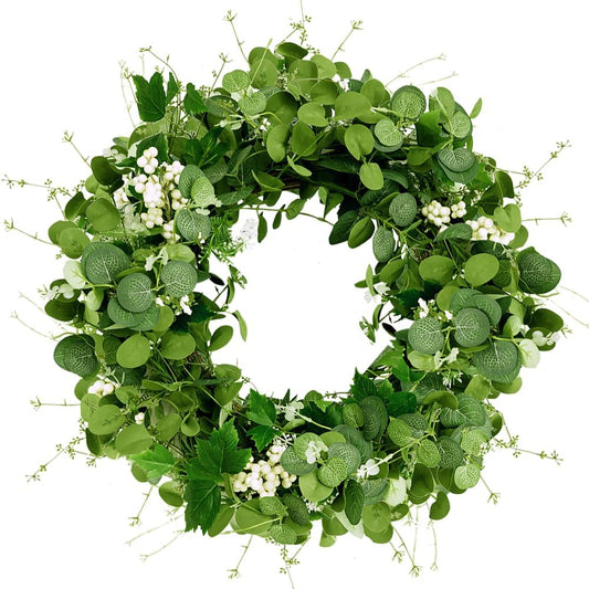 Qingbei Rina Eucalyptus Wreath for Front Door Outside, 24 Inch Spring Wreath with White Berry, Green Wreaths for Decorating, Weatherproof Outdoor Wreaths for St. Patrick's Day, Windows, Farmhouse