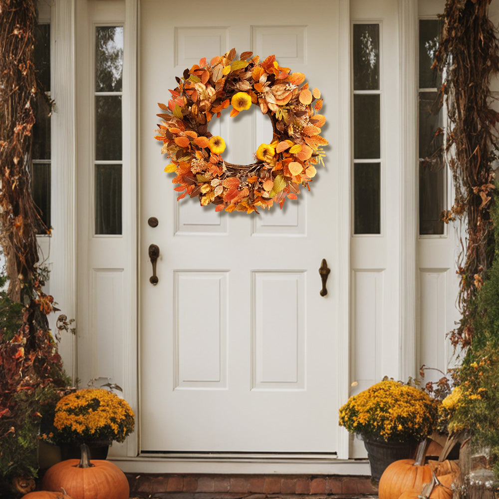 Fall Outdoor Wreaths for Front Door 22 Inch, Autumn Wreath with Orange Berries，Fall Leaf Wreath